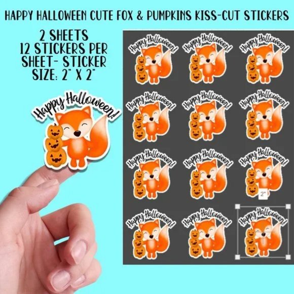 Happy Halloween Cute Fox Pumpkin Stickers- 2 Sheets of 12 Stickers - Picture 3 of 4